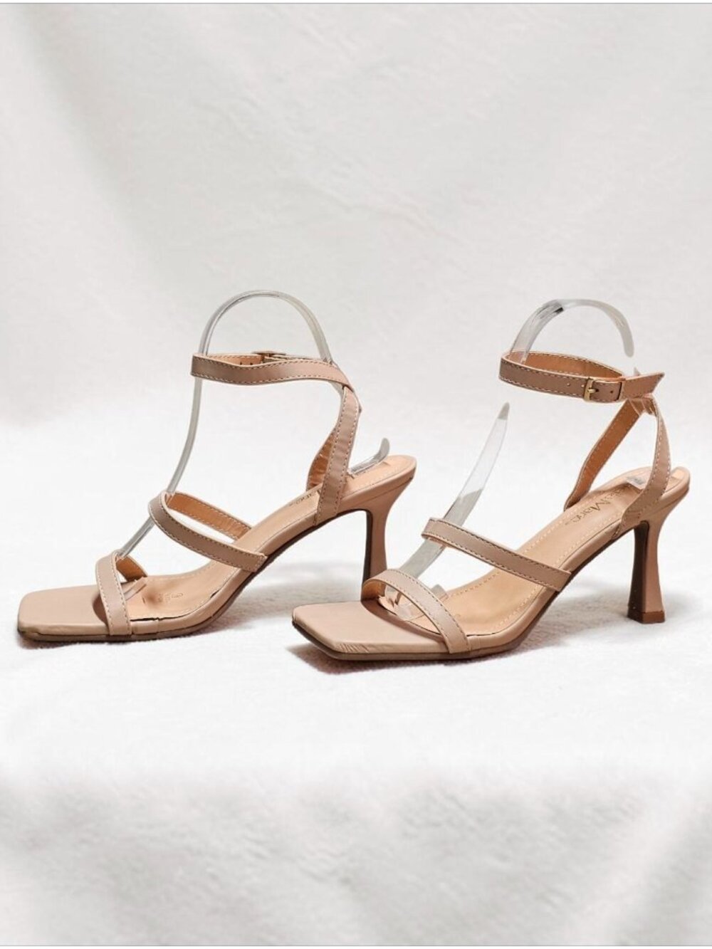 Strappy Nude Beige High Heel Sandals With Square Toe & Adjustable Ankle Strap Fo